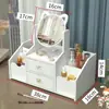 Espelho Inteligente com Luz LED Espelho de Maquiagem Três Cores com Dimmer Plug-in/Recarregável Caixa de Armazenamento de Cosméticos de Mesa Prateleira de Toucador