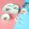 Juego de Vajilla de Fibra de Bambú de Cinco Piezas con Plato de Cuatro Compartimentos, Tazón de Dibujos Animados Lindo de Regalo, Taza, Cuchara, Tenedor Vajilla, Venta al por Mayor de Exportación