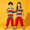 Fantasia infantil de performance listrada arco-íris conjunto de roupa de dança hip-hop cheerleading para atividades de jardim de infância e ensino fundamental conjunto de uniforme de aula moderno
