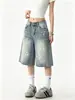 Diseño Retro Salpicaduras de Tinta Azul Lavado Mezclilla Shorts de Longitud Media para Mujer Verano Nuevo Cintura Alta Pierna Ancha Casual Versátil Pantalones de Cinco Puntos