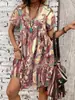 Vestido Camadas Babados Plissados Estampa Paisley Boêmio Europeu e Americano com Decote V e Mangas Curtas Bufantes da Amazon