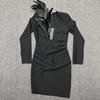 Vestido de Vendaje de Plumas Delantero de Manga Larga con Cuello en V y Cintura Ajustada de Moda Europea y Americana para Mujer, Estilo Socialité