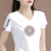 Camiseta de Manga Corta con Cuello en V para Mujer de Comercio Exterior con Descuento, Estilo Coreano, Moderna, Corte Holgado, Adelgazante, Casual, Top de Moda