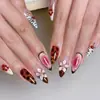 24 Peças de Unhas Postiças Leopardadas Florais Europeias e Americanas Quentes, com Pontos Dourados Pequenos Feitos à Mão, Formato Amendoado