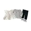 Conjunto de Tres Piezas para Bebé Dianxi Otoño Rayas Cuello Volante Camiseta Base Chaleco de Mangas Volantes Leggings con Adorno de Encaje