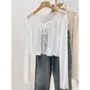 Cárdigan Fino Blanco de Seda de Hielo Protector Solar para Mujer, Nuevo Estilo Verano 2026, Exterior con Volantes, Cuello en V y Atar