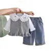 2026 Novo Conjunto de Roupas Infantis para Meninas Outono Conjunto de Roupa Infantil Estiloso Fashionável Gola Desenho Gatinho Pequeno Conjunto de Três Peças Estilo Primavera e Outono