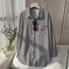 Camisa Rayada Europea y Americana Nueva Transfronteriza para Mujer, Disponible en Amazon, Versátil, Estampado de Bordado de Corazón, Manga Larga
