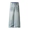 Jeans Largo Bordado Retro Americano Resistente para Homens e Mulheres, Temporada Primavera 2026, Caimento Solto, Emagrecedor, Versátil, Calça de Comprimento Total