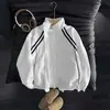 Original en stock, sudadera cárdigan a rayas con cuello alto estilo americano Huamian para hombre, negro, blanco, gris, chaqueta ligera