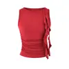 1037-26 Colete Liso Plissado Sem Mangas com Fita, Estilo Verão, Versão Coreana, Corte Justo, Gola Redonda Pequena
