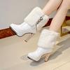 Botas Cortas Peludas Nuevas de Invierno, Botas de Nieve Cálidas, Tacones Altos para Mujer, Tacones Gruesos, Botas de Plataforma Impermeables, Botas para Mujer con Borla de Pedrería