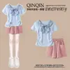 2026 Top de Manga Corta con Retazos de Cuadros Dulces de Dopamina, Moda Única, Shorts Casuales, Conjunto de Dos Piezas de Verano para Niñas