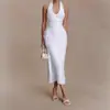 Vestido sexy ajustado a la cintura, escote en V pronunciado, Vestido largo elegante de cuello halter, Color liso, Estilo Ins simple, Elegante vestido de gala