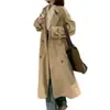 Estilo británico temperamento color caqui bolsillo botón solapa cortavientos chaqueta mujer petite holgado largo abrigo otoño