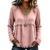 2026 Verão Novo Estilo Europeu e Americano Solto Gola V Franjada Manga Longa Camiseta Cor Sólida Casual Top Camisa Cross-border Roupas Femininas