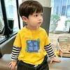 Camiseta de Manga Larga Rayada Patchwork de Dibujos Animados para Niños, Algodón Puro para Primavera y Otoño, Estilo Coreano, Holgada, Moderna, Camiseta Básica Informal para Niños