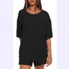 Amazon Conjunto Transfronterizo Europeo y Americano para Mujer de Color Sólido Casual Holgado Cuello Redondo Manga Corta Tops Shorts Conjunto de Dos Piezas para Mujer