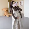 Conjunto de Otoño para Maternidad Estilo de Moda Nuevo Chaleco Holgado de Lunares + Capa Base Conjunto de Dos Piezas para Maternidad