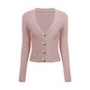 Cardigan Tejido de Cuello en V con Hebilla Metálica, Estilo Romántico Casual, Corte Delgado