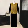 Conjunto de Tres Piezas para el Atuendo de Primavera de Mamá: Nuevo Traje de Terciopelo Dorado Estilo Chino, Moderno y Elegante para Mujeres de Mediana Edad y Mayores, Chaleco para Mujer
