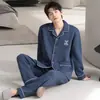 Conjunto de Pijama Masculino de Algodão Quente Espesso de Inverno com Mangas Longas Calças Longas Gola Reversível Simples Casual Confortável