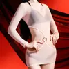 Vestido bodycon sexy, brillante, transparente, de manga larga, con corte en la cintura revelador, conjunto de lencería y medias ajustadas para mujer, estilo 'hot girl'