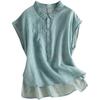 Camiseta Artística de Algodão Estilo Chinês Solta Plus Size para Mulheres, Verão Fina, Camisa Patchwork de Três Cores com Mangas Bufantes e Bolsos