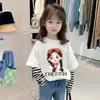 G2301# camiseta de algodão de manga comprida para meninas, estilo duas peças falsas, novo estilo estrangeiro, casaco de outono infantil, primavera e outono de bebê, moda infantil