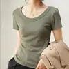 Camiseta feminina canelada com gola U e manga curta, novo estilo de verão 2026, justa, design solto, top versátil, camiseta básica