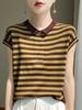 2024 verão novo all-match ombro manga curta camiseta feminina solta fina gelo seda listrado top camisa polo