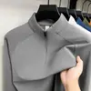Camiseta de manga comprida com gola alta e zíper parcial em fleece escovado estilo outono, camiseta base masculina elástica raglan