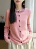 Cardigã de malha com contas 100% lã pura, novo estilo outono/inverno feminino, chique e elegante, gola redonda, casaco suéter quente