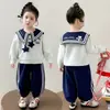 Roupa de Outono para Meninas 2026 Primavera e Outono Nova Moda Bebê Crianças Gola Azul Marinho Estilosa Roupa de Outono Conjunto de Duas Peças Super Fofo