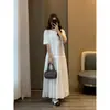 ¡Zedaijiayi Mismo Estilo que la Tienda de la Influencer! Camiseta de Algodón Peruano Patchwork Desestructurado Cuello Redondo Vestido Satinado con Dobladillo Amplio