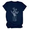 Amazon eBay Estação Independente Moda Temperamento Confortável Feminino Floral Vaso de Vidro Gola Redonda Manga Curta Camiseta Camada Base