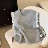 Colete Suéter Casual Tricotado com Gola Redonda e Acabamento em Renda, Estilo Coreano, Novo para Primavera e Outono, Roupa Feminina