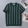 Camiseta de Tricô com Manga Curta para Homens, Listras Verticais, Corte Slim, Estilo Old Money, Sensação de Negócios de Alto Padrão, Seda de Gelo, Verão, Atacado de Fábrica Transfronteiriço
