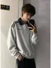 Moletom americano branco e cinza com três listras para homens, estilo outono e inverno, sem capuz, ombro normal, camiseta de manga comprida, camisa polo de base de peso pesado