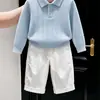 Ropa infantil coreana 2026 otoño e invierno nuevo estilo azul hueco cuello polo suéter de punto niños pantalones casuales rectos blancos