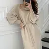 2026 Transfronterizo Amazon Otoño e Invierno Nuevo Estilo Holgado con Cinturón de Corbata Botones Cuello Alto Vestido Largo Vestido Suéter para Mujer