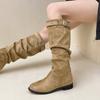 Botas Retrô de Camurça para Mulheres 2025 Outono e Inverno Novas Francesas Plissadas Look Emagrecedor Versátil Diário Botas de Cano Alto Botas da Moda