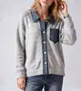 Design Europeu Outono/Inverno Gola Patchwork Jeans Tricô Cardigan Suéter Feminino Solto Moda Roupa Externa Top