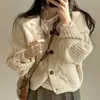 Suéter cárdigan chaqueta de punto trenzado suelto de manga abullonada con cuello en V, simple y casual, chic coreano para otoño para mujer
