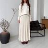 Conjunto de Suéter de Punto Acanalado de Otoño 2025 Nuevo Europeo y Americano Transfronterizo Amazon Retro Color Sólido Cuello Redondo Cintura Alta Plisado y Falda Larga