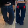 Un Dilema Jeans de Tiro Bajo Rectos con Estampado de Estrella de Chica Caliente Y2K y Pedrería Transfronterizos Europeos y Americanos Aliexpress para Mujer