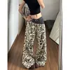 Jeans rotos de leopardo retro americano para mujer, nuevo estilo de verano 2026, pantalones holgados de doble cintura de pierna ancha hasta el suelo