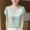 Cetim de Seda 2026 Verão Novo Moda Feminina Gola Redonda Estilo Curto Elegante Floral Escuro Tamanho Grande Manga Curta Versátil Camiseta Top