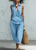 2026 Comercio Exterior Transfronterizo Primavera y Verano Nueva Ropa para Mujer Camisa Sencilla con Solapa y Pantalones de Pierna Ancha Conjunto de Dos Piezas de Lino