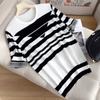 Comercio Exterior Calidad Rayas Nuevas Manga Corta Elegante Ropa de Trabajo Camiseta de Punto para Mujer Cuello Redondo Algodón y Lino Top Suministro Directo de Fábrica